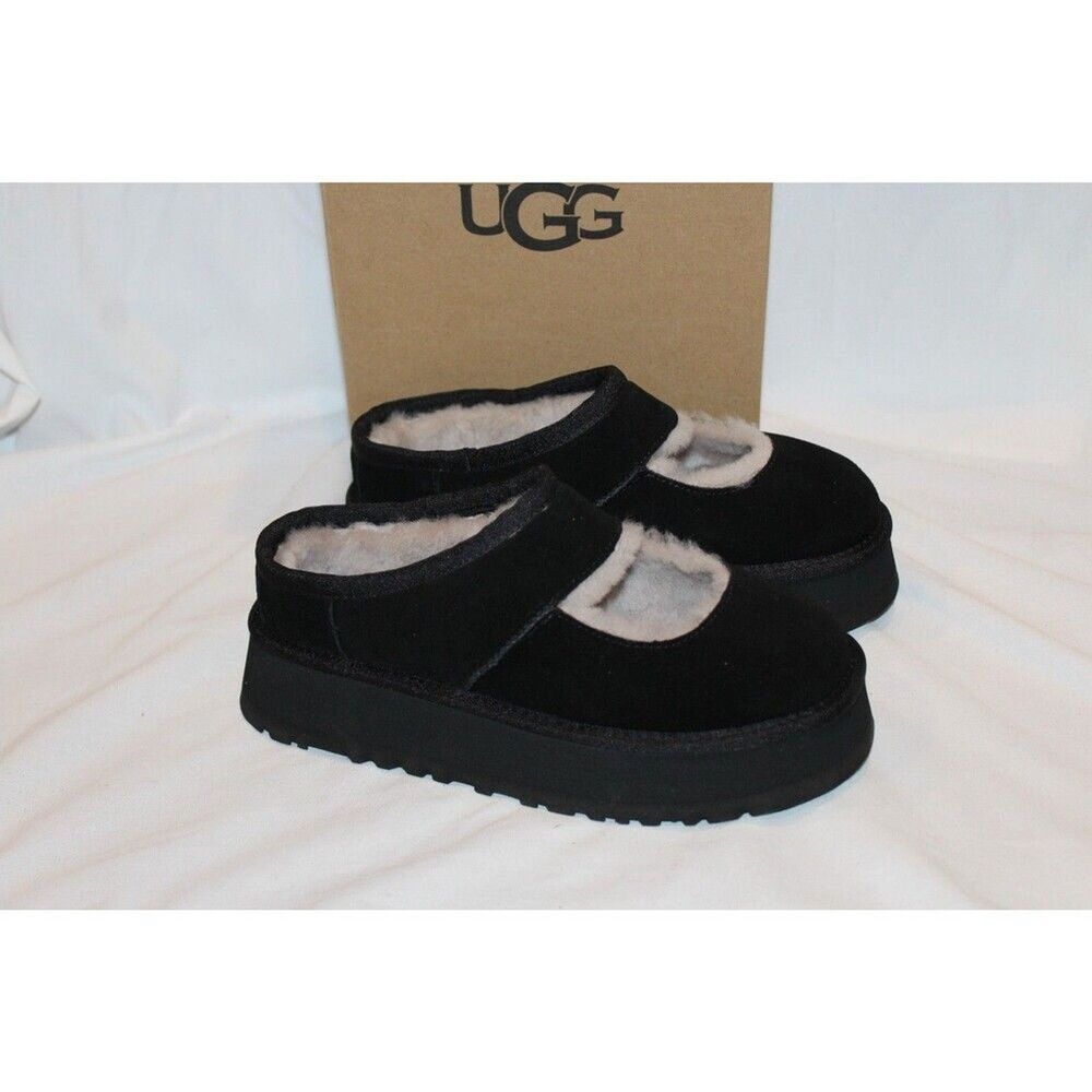 NIB UGG BEA MARY JANE SUEDE SHEARLING LINED PLATFORM SLIPPERS BLACK SZ 9
